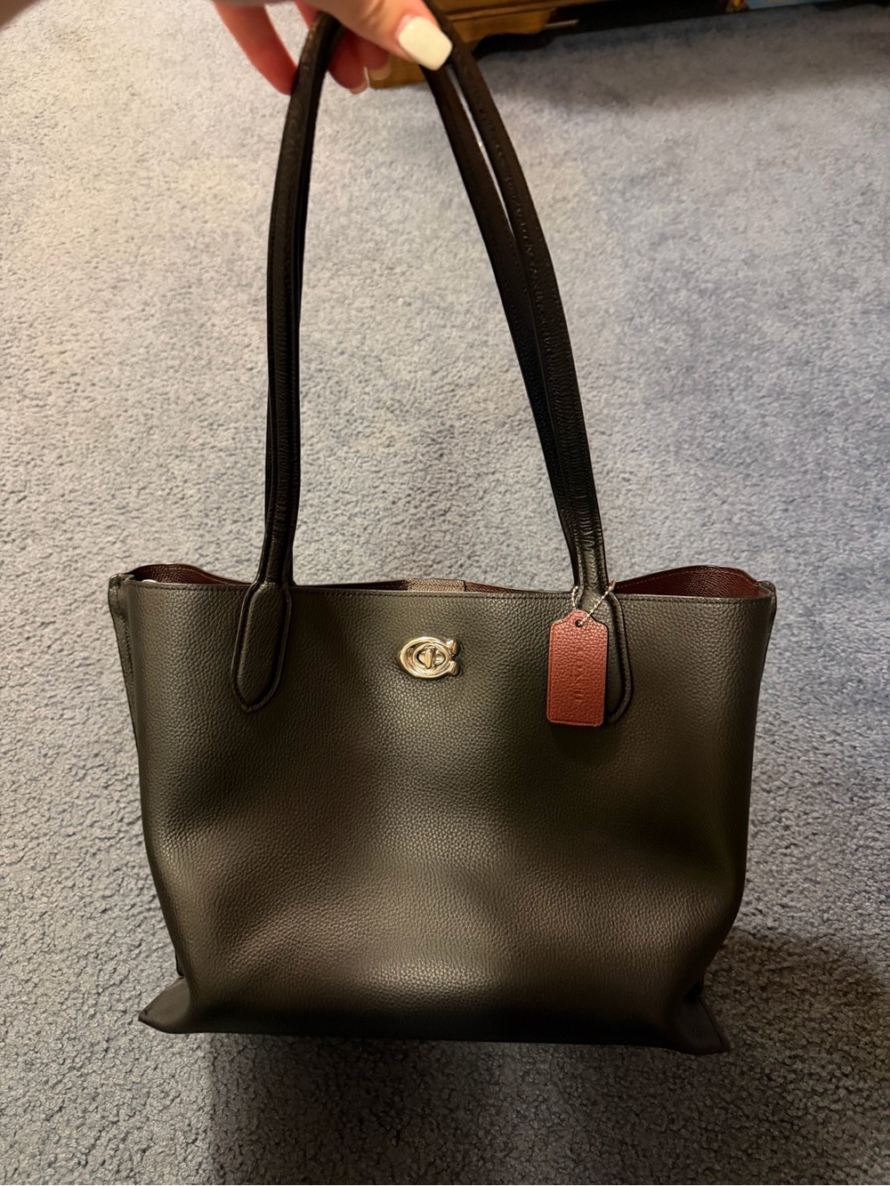 Coach Willow Black Pebbled Leather Tote with Burgundy Tag